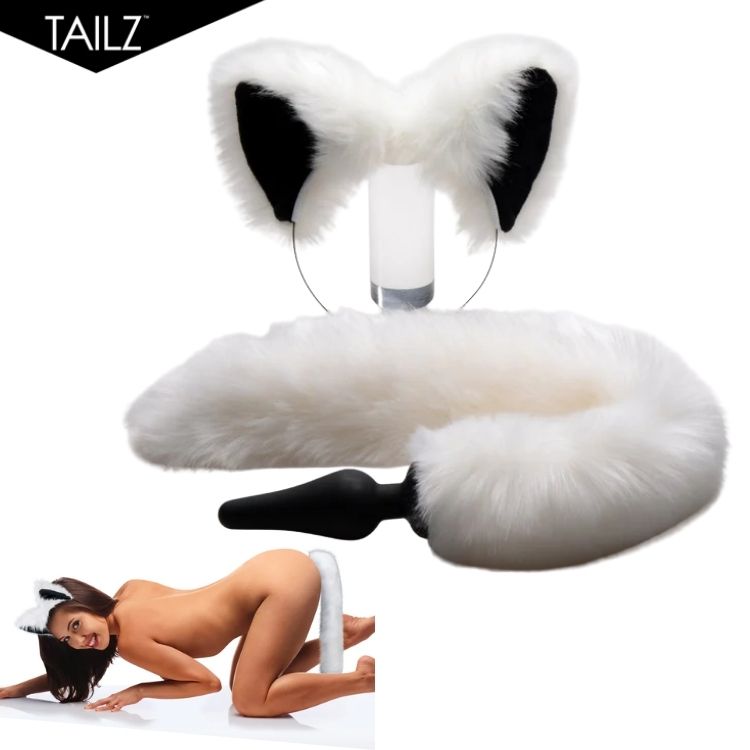 Ensemble Tailz Renard Blanc montrant le serre-tête à oreilles et le plug anal à queue.