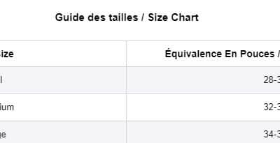 Charte des grandeurs Bodyskin