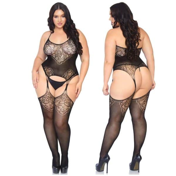Bodystocking à Bretelles en Dentelle Jacquard - 89175X - Grande Taille - Leg Avenue