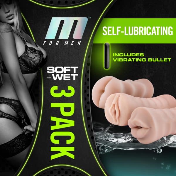 3-Pack Self-Lubricating Vibrating Stroker Sleeve Kit - Ensemble de Masturbateurs - M for Men - Blush