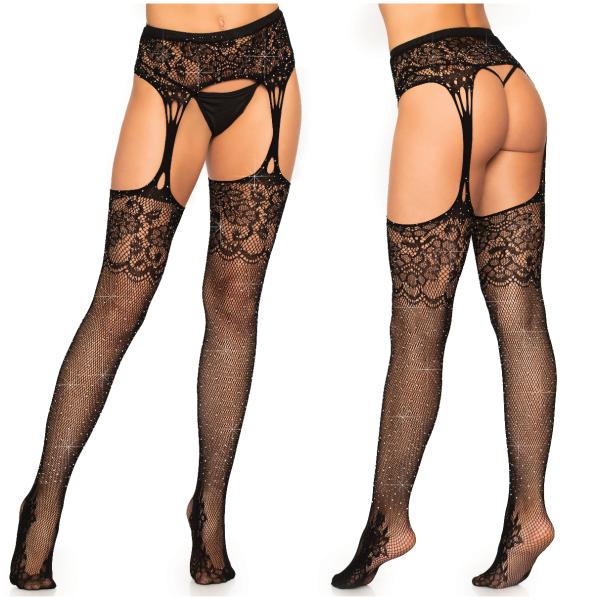 Bas en Résille et Dentelle avec Strass avec Porte-Jaretelles - 1605 - Leg Avenue