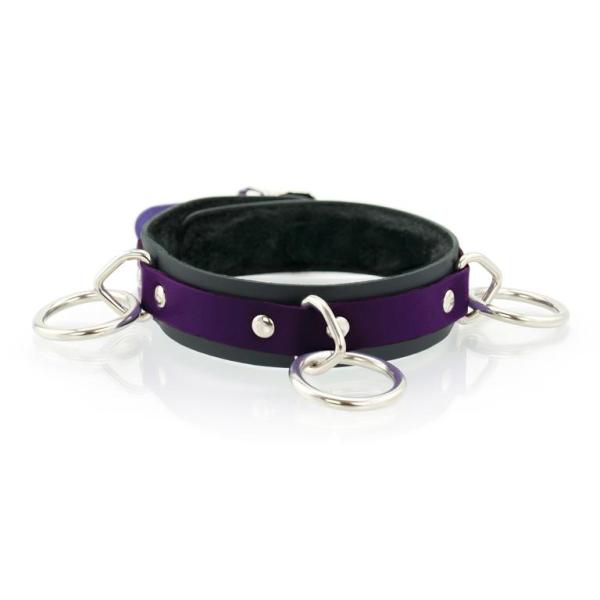 3 Ring Slave Collar with Faux Fur Lining - Collier en Cuir avec 3 Anneaux - XBliss – Image 6