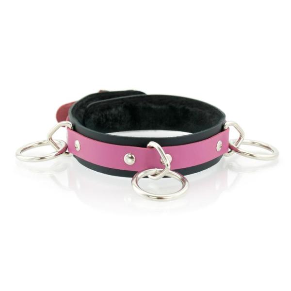 3 Ring Slave Collar with Faux Fur Lining - Collier en Cuir avec 3 Anneaux - XBliss – Image 5