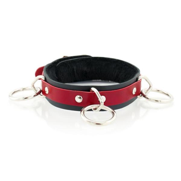 3 Ring Slave Collar with Faux Fur Lining - Collier en Cuir avec 3 Anneaux - XBliss – Image 3