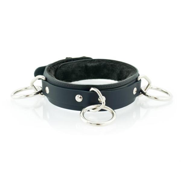 3 Ring Slave Collar with Faux Fur Lining - Collier en Cuir avec 3 Anneaux - XBliss – Image 2