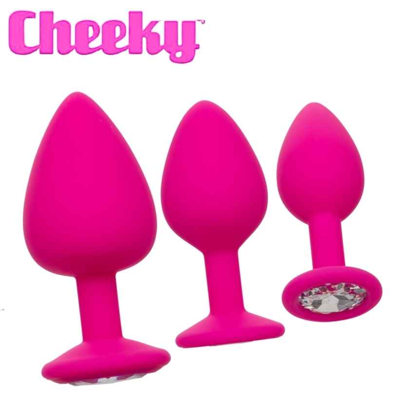 Kit d'entraînement anal Cheeky Gems complet, montrant les trois plugs gradués.
