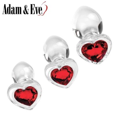 Red Heart Gem Glass Plug Set  - Adam & Eve