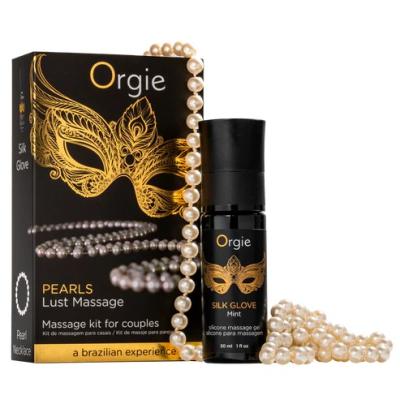 Le kit de massage Pearls Lust de la collection Orgie contient un gel de massage Silk Glove, un collier de perles et un guide de massage Pearls.