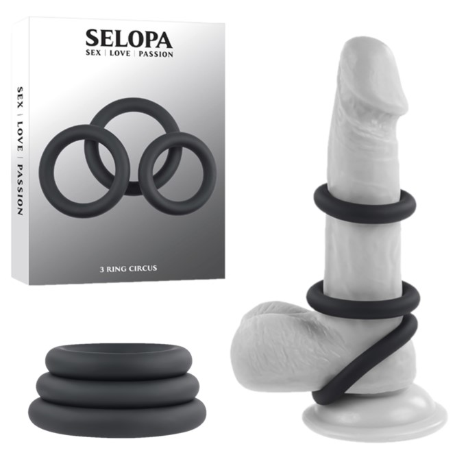 Découvrez le 3 Ring Circus de Selopa Avec le 3 Ring Circus, prolongez et renforcez votre érection grâce à ces anneaux péniens en silicone doux