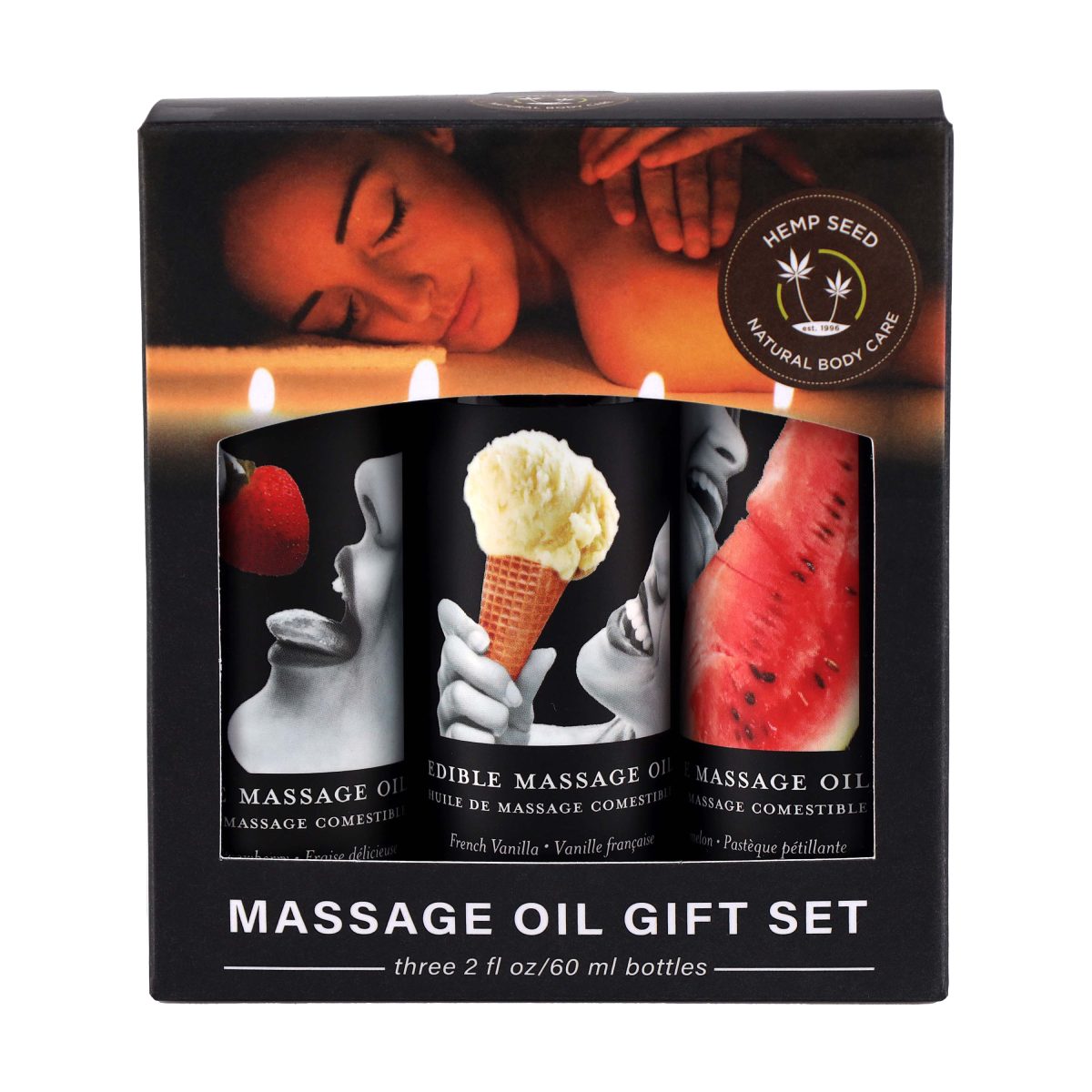 "Découvrez l'extase sensorielle avec le Coffret Cadeau d'Huile de Massage Comestible. Trois saveurs irrésistibles pour éveiller vos sens à chaque massage."