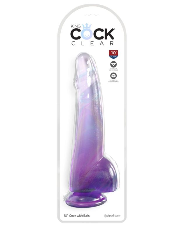 Vue rapprochée du Gode avec Testicules 10" de la collection King Cock Clear.