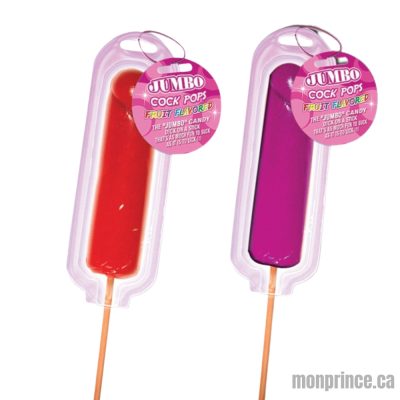 Détails des saveurs de fraise et de cerise de la sucette géante en forme de pénis.