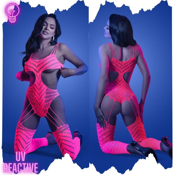 Teddy-Bodystocking en résille réactive aux UV de Fantasy Lingerie - Avec jarretelles élastiques et bas assortis.