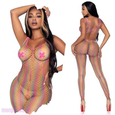 Vue rapprochée du bodystocking en résille arc-en-ciel par Leg Avenue.
