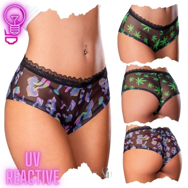 Vue rapprochée du boyshort en mesh extensible semi-transparent avec imprimé réactif aux UV de Magic Silk.