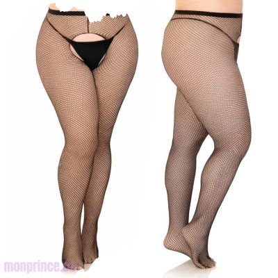 Vue rapprochée des collants résille sans entrejambe Grande Taille par Leg Avenue.