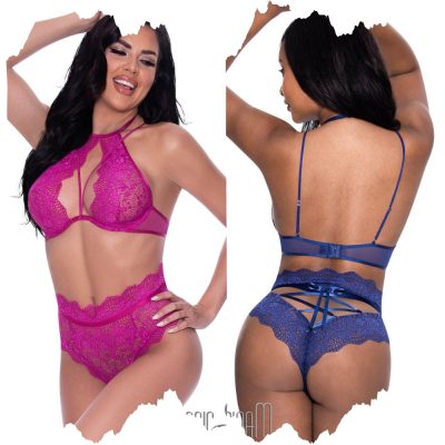 Vue rapprochée de l'ensemble 2 pièces en dentelle extensible par Magic Silk.