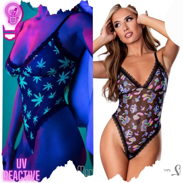 Vue rapprochée du teddy en mesh extensible semi-transparent avec imprimé réactif à la lumière noire de Magic Silk.