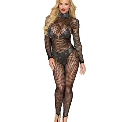 “* **BodyStocking en Résille Sans Couture** avec col orné de strass.”