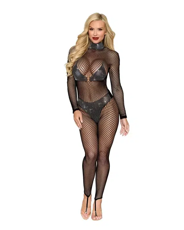 “* **BodyStocking en Résille Sans Couture** avec col orné de strass.”