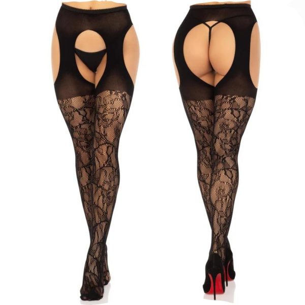 Bas en dentelle avec porte-jarretelles intégré pour un look audacieux.