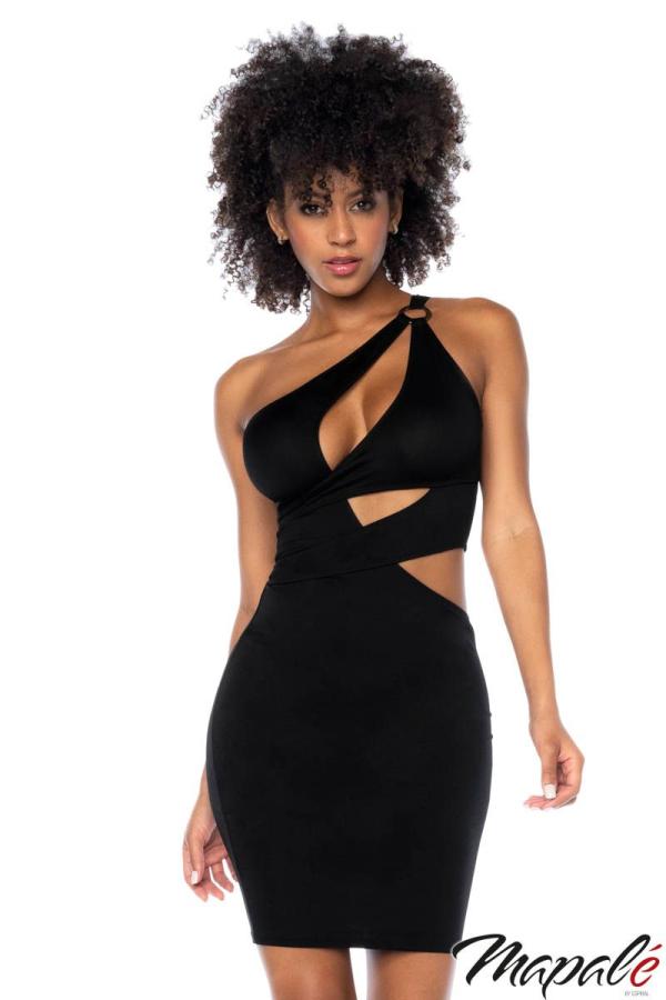 Robe noire en maille transparente avec découpe centrale.