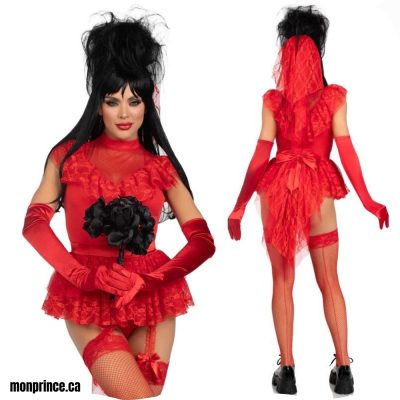 Costume Beetle Babe avec body en dentelle et voile rouge.