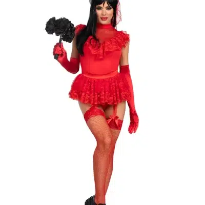 Costume trois pièces Beetle Babe, vue de face avec voile rouge.
