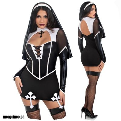 Costume de Nonne Sexy avec robe et coiffe, effet mouillé noir.