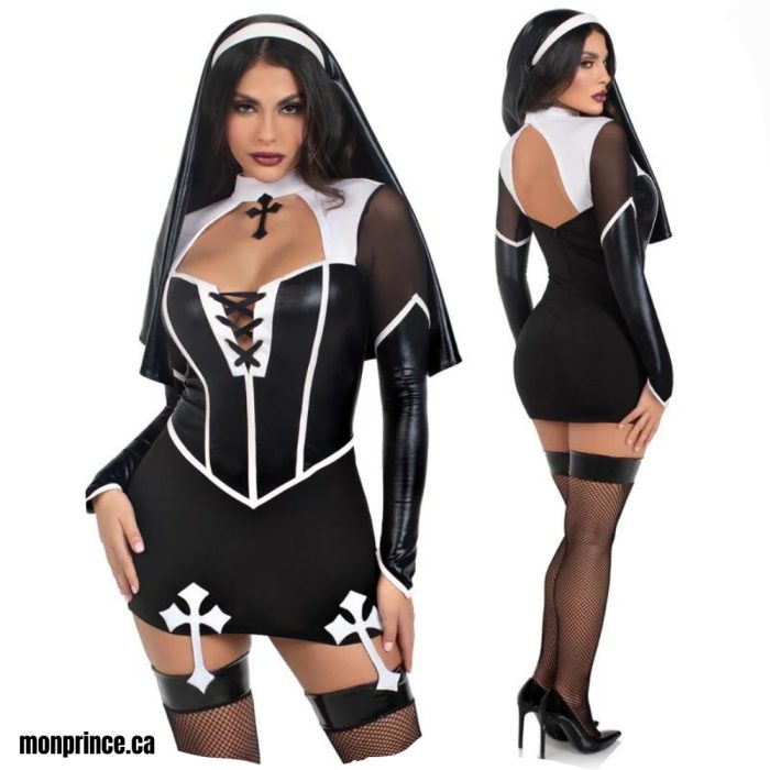 Costume de Nonne Sexy avec robe et coiffe, effet mouillé noir.