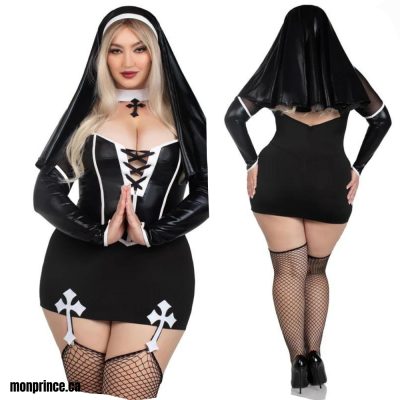 Costume de Nonne Sexy Grande Taille avec jarretelles et coiffe.