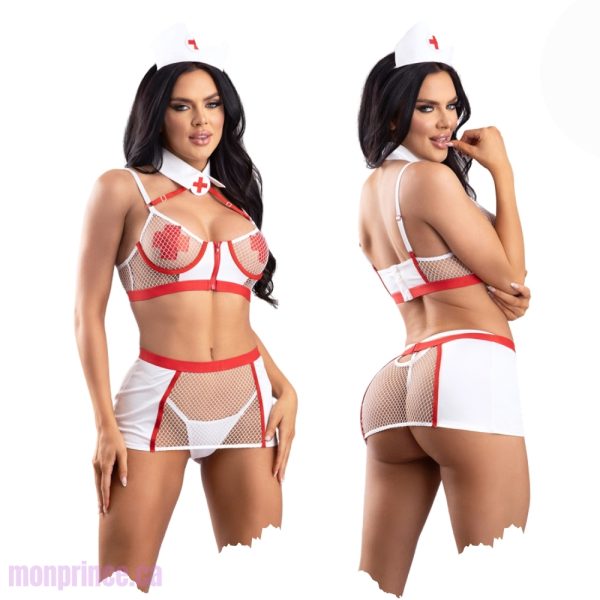 Costume d'Infirmière de Fantasy Lingerie avec soutien-gorge à col et mini-jupe.