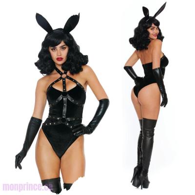 Costume de Mauvaise Fille Lapine avec body en velours et faux cuir.