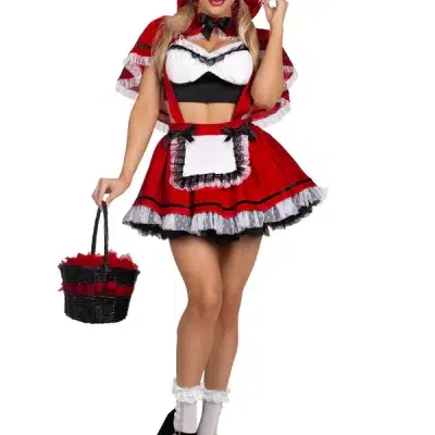Costume Miss Chaperon Rouge Coquette avec cape rouge et jupe à bretelles.