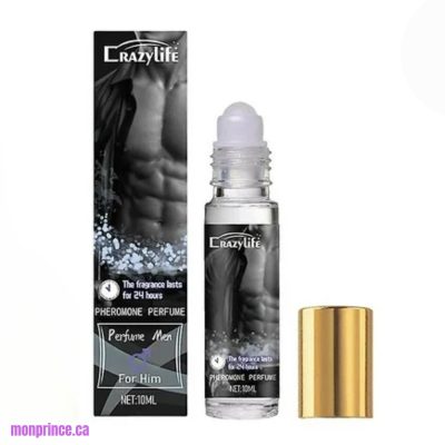 Flacon de parfum aux phéromones pour homme, pratique et facile à transporter.