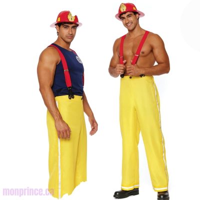 Costume de Pompier pour Homme avec chapeau et pantalon à bandes réfléchissantes.