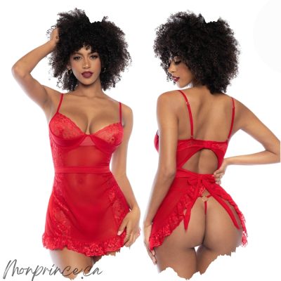 Babydoll Mapalé rouge en dentelle et satin avec dos ouvert.