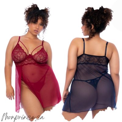 Babydoll Mapalé en maille transparente avec bonnets en dentelle, grandes tailles.