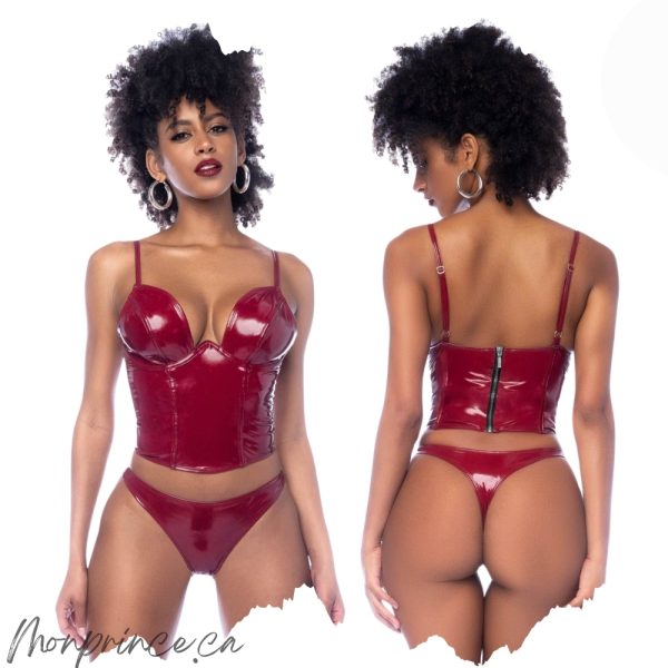 Bustier en Wet Look Mapalé rouge vin avec armatures et baleines rigides.