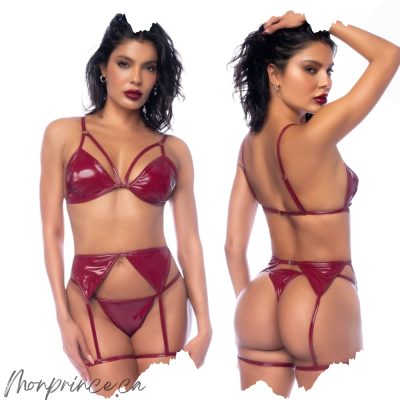 Ensemble 3pcs en Wet Look Mapalé rouge vin avec soutien-gorge brillant.