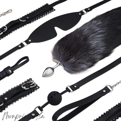 Ensemble de Bondage en Dentelle de Roomfun avec accessoires complets et pochette de rangement.