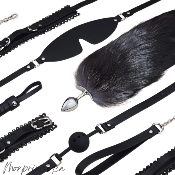 Ensemble de Bondage en Dentelle de Roomfun avec accessoires complets et pochette de rangement.