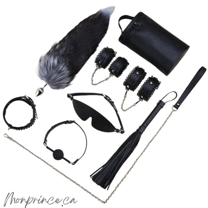 Ensemble de Bondage en Dentelle de Roomfun avec accessoires complets et pochette de rangement.