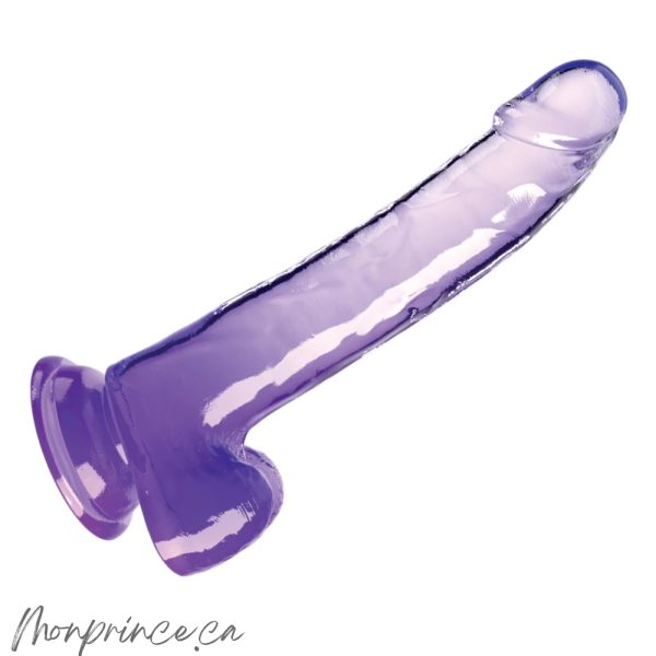 Gode Transparent Mauve avec Testicules 9 de King Cock Clear en vue rapprochée.