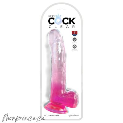 Gode Transparent avec Testicules 9 de King Cock Clear en vue rapprochée.