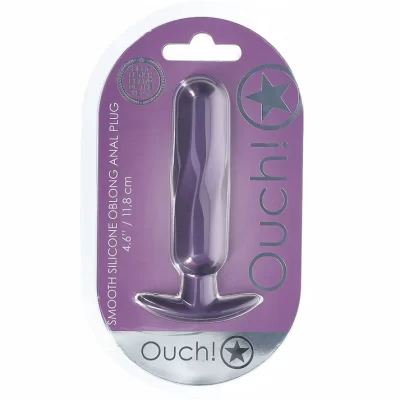 Vue rapprochée de la Plug Anale Oblong en Silicone Lisse avec finition métallique.