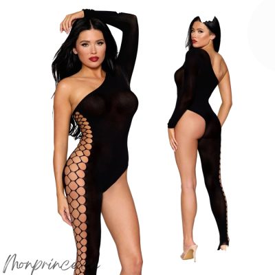 Vue complète du Bodystocking Asymétrique Dreamgirl avec manche longue et motif filet.
