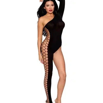 Gros plan sur le détail en résille « honeycomb » du bodystocking noir.