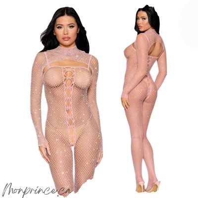 Vue complète du Bodystocking & Haussement d'Épaules Dreamgirl avec strass irisés.