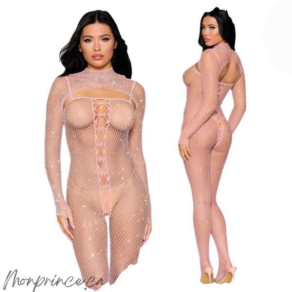 Vue complète du Bodystocking & Haussement d'Épaules Dreamgirl avec strass irisés.